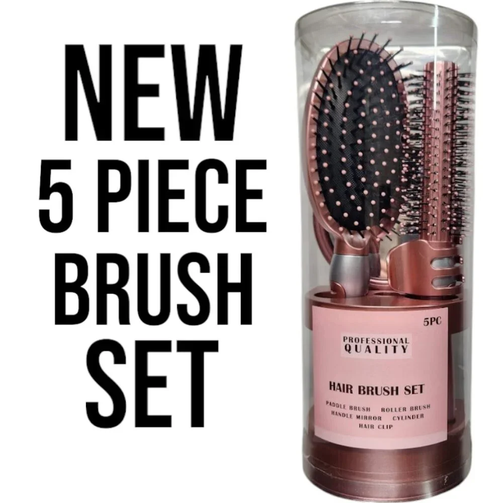 NEW 5-Piece Hairbrush Brush Set Hand Mirror Beauty Brushes Pink Easter Basket St
